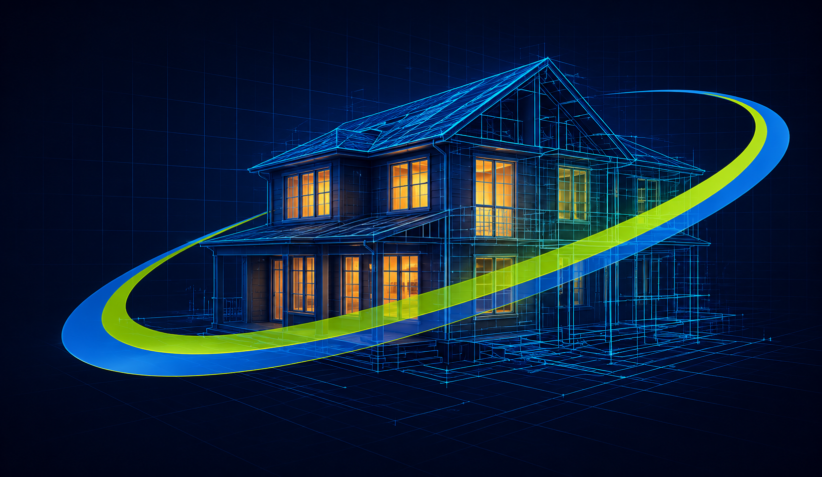 Glowing wireframe house wrapped by Quantum green and blue orbit