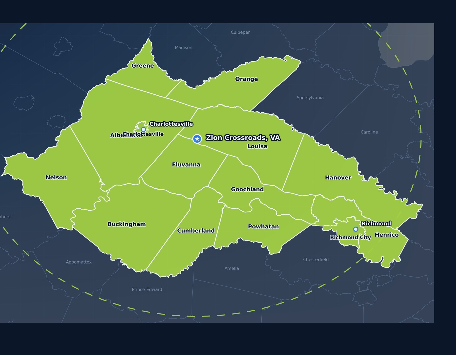 Map of Quantum's Central Virginia service area centered on Zion Crossroads, showing the counties and cities served within a 60-mile radius